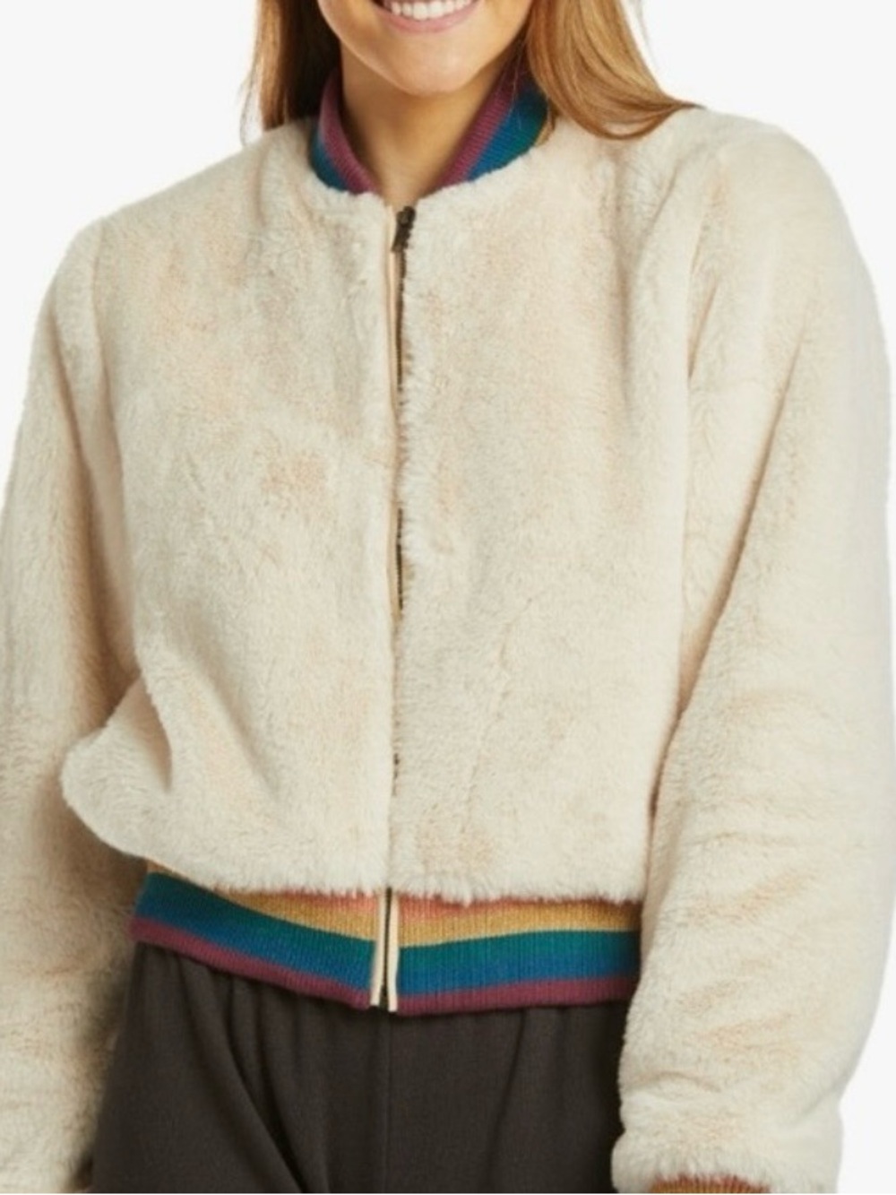 Spiritual Gangster Cream Faux-Fur Bomber Jacket with Sparkly Rainbow Trim-XS
